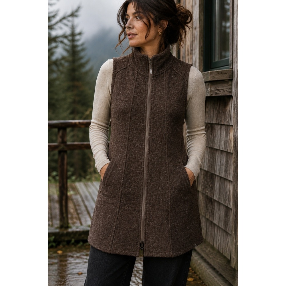 Toad&Co Arriva Long Wool Blend Full Zip Sweater Vest Tunic Brown Pockets S